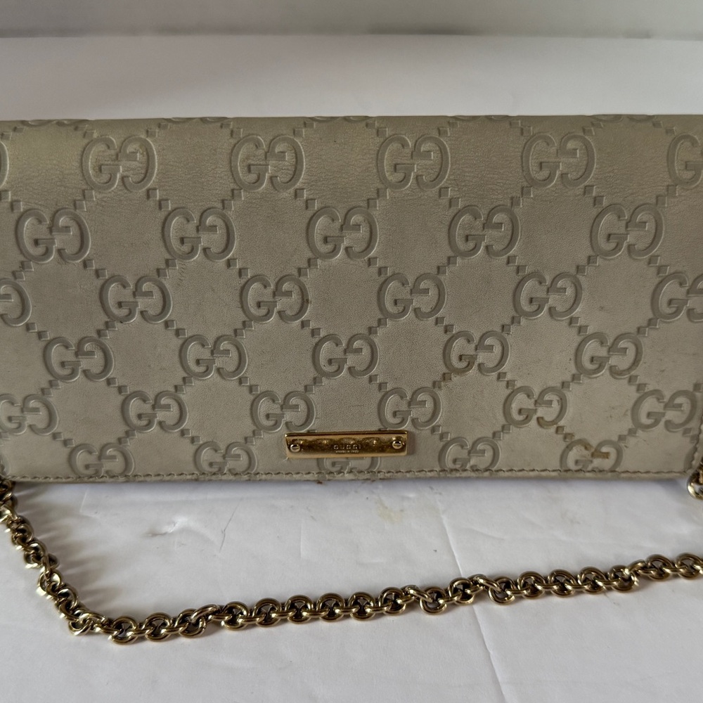 GUCCI Chain Long Wallet  Leather‎ Women Authentic Beige Monogram